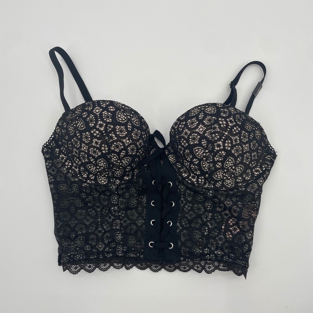 Victoria's Secret Black Lace Padded Demi‎ Bustier 34B Lace Up Back Zip 11076611